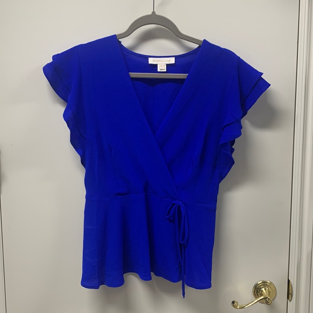 Bright Blue Faux Wrap Monteau Blouse. Size L.